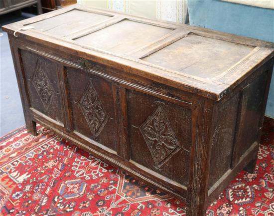 A panelled oak coffer, W.114cm